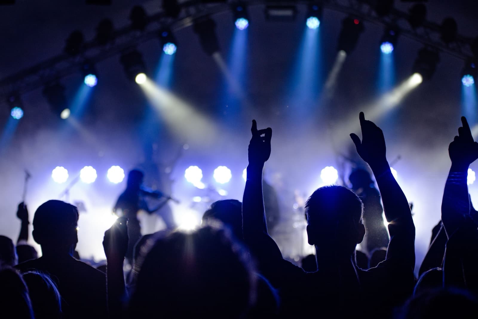 A crowd under blue stage lights at a concert